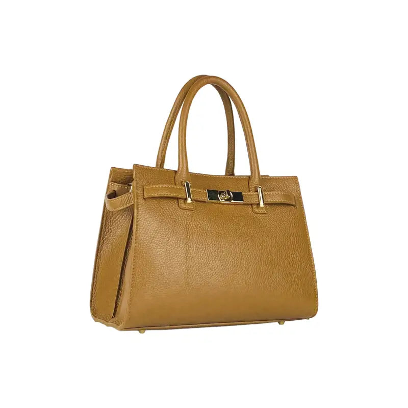 RB1016S | Borsa Donna a Mano in Vera Pelle Made in Italy con tracolla removibile. Attacchi con moschettoni in metallo Oro Lucido - Colore Cognac-1