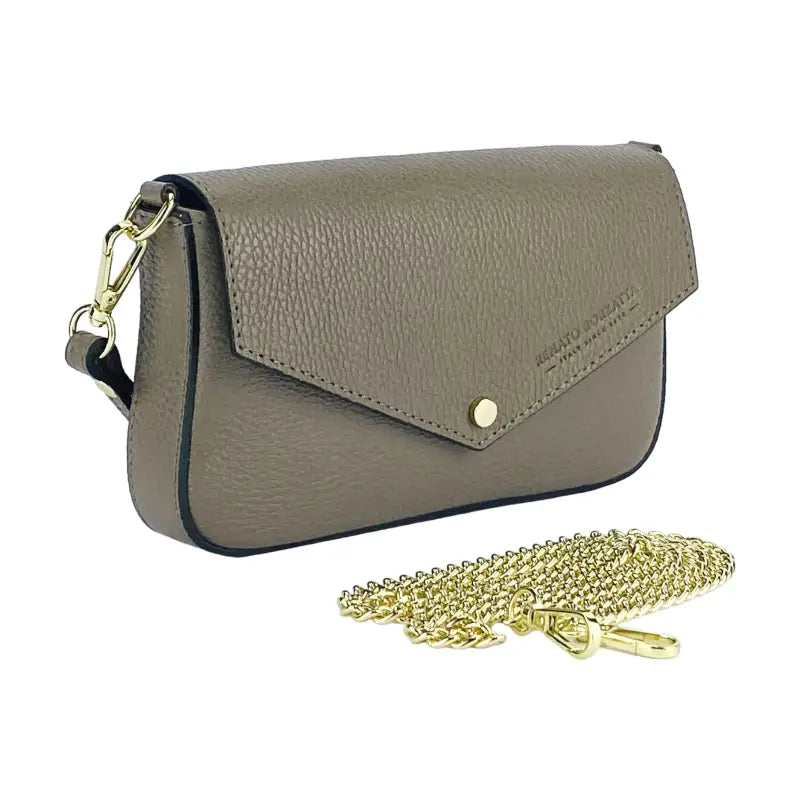 RB1023AQ | Borsa piccola a Spalla con Tracolla a catena removibile in Vera Pelle Made in Italy. Pattina di Chiusura. Accessori in metallo Oro Lucido - Colore Taupe -2