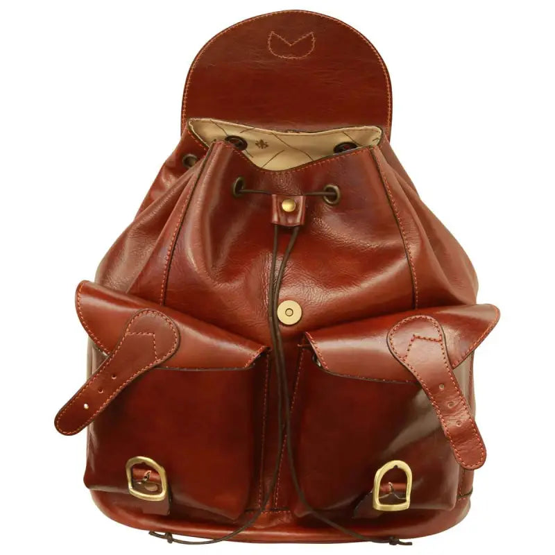 Leather backpack with 2 exterior pockets - Brown-1