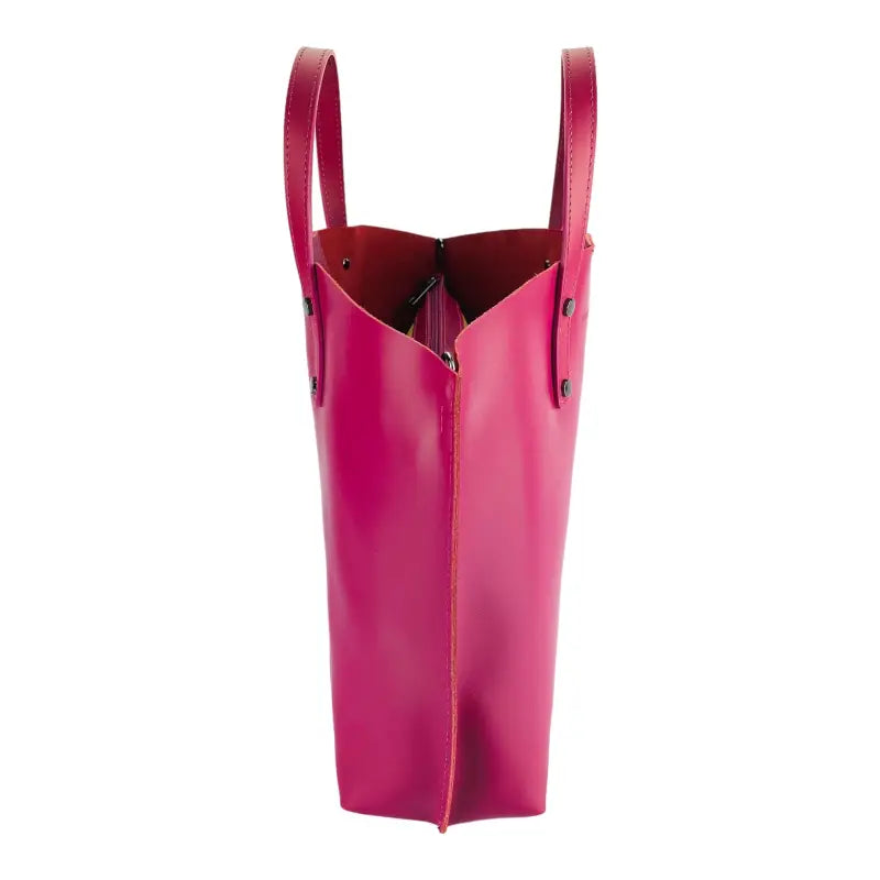 RB1024BE | Borsa Donna a Mano in Vera Pelle Made in Italy con tracolla removibile. Sacca grande interna estraibile. Accessori Canna di Fucile Lucido - Colore Fuxia - Dimensioni: cm 48x31x11-3