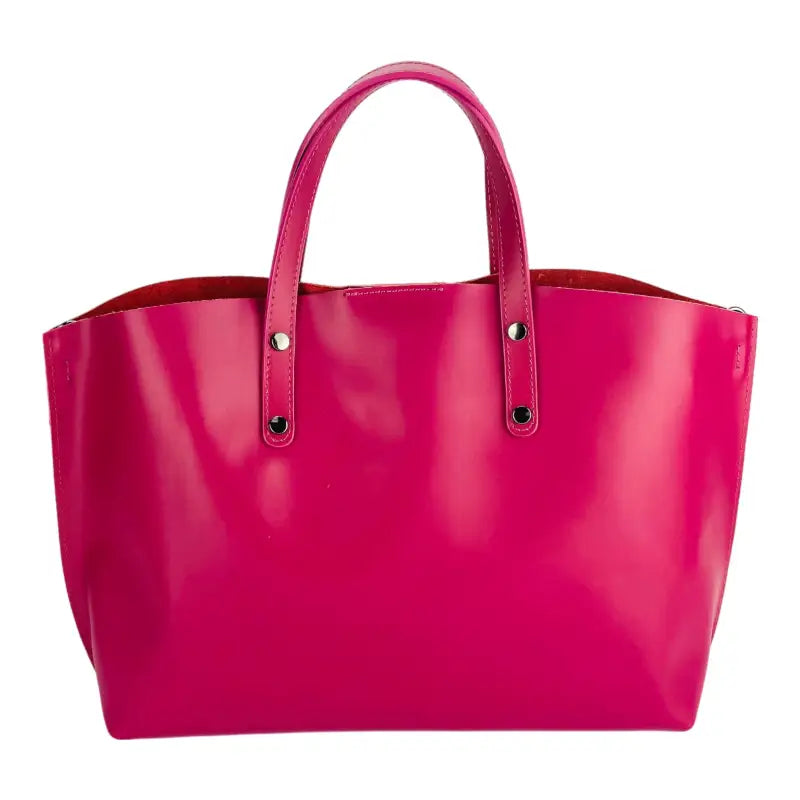 RB1024BE | Borsa Donna a Mano in Vera Pelle Made in Italy con tracolla removibile. Sacca grande interna estraibile. Accessori Canna di Fucile Lucido - Colore Fuxia - Dimensioni: cm 48x31x11-4