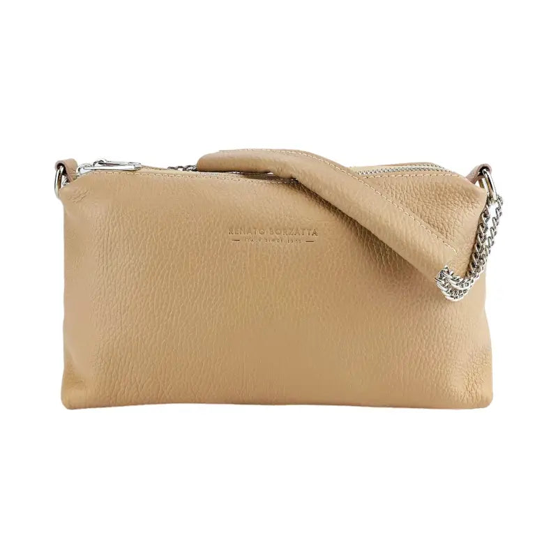 RB1025AU | Borsa Donna a Mano con doppia lampo in Vera Pelle Made in Italy. Tracolla in pelle regolabile. Accessori Nickel Lucido - Colore Cipria - Dimensioni: cm 26 x 14 x 9-3