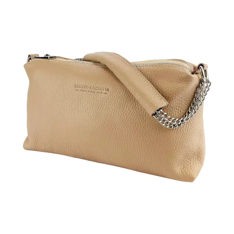 RB1025AU | Borsa Donna a Mano con doppia lampo in Vera Pelle Made in Italy. Tracolla in pelle regolabile. Accessori Nickel Lucido - Colore Cipria - Dimensioni: cm 26 x 14 x 9-2