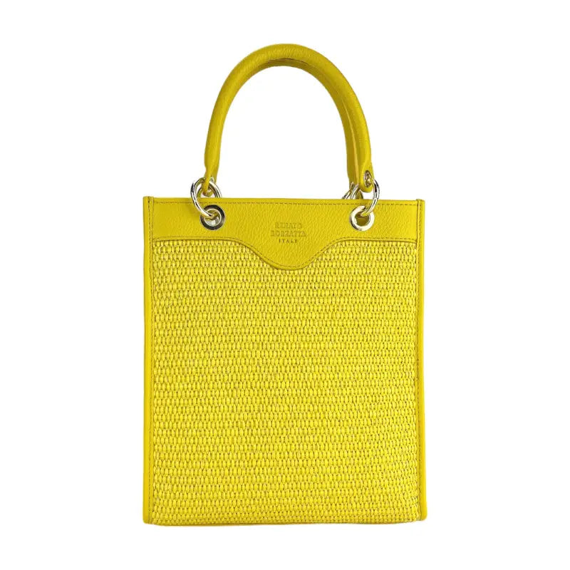 RB1026R | Borsa Donna a mano verticale in Vera Pelle e Paglia Made in Italy. Tracolla removibile e regolabile in pelle. Accessori Oro Lucido - Colore Giallo - Dimensioni: cm 24 x 29 x 9-1