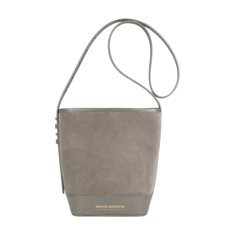 RB1031F | Borsa Donna a Secchiello BRENDA in Vera Pelle Made in Italy. Accessori in metallo Oro Lucido - Colore Grigio - Dimensioni: cm 25 x 23,5 x 17-0