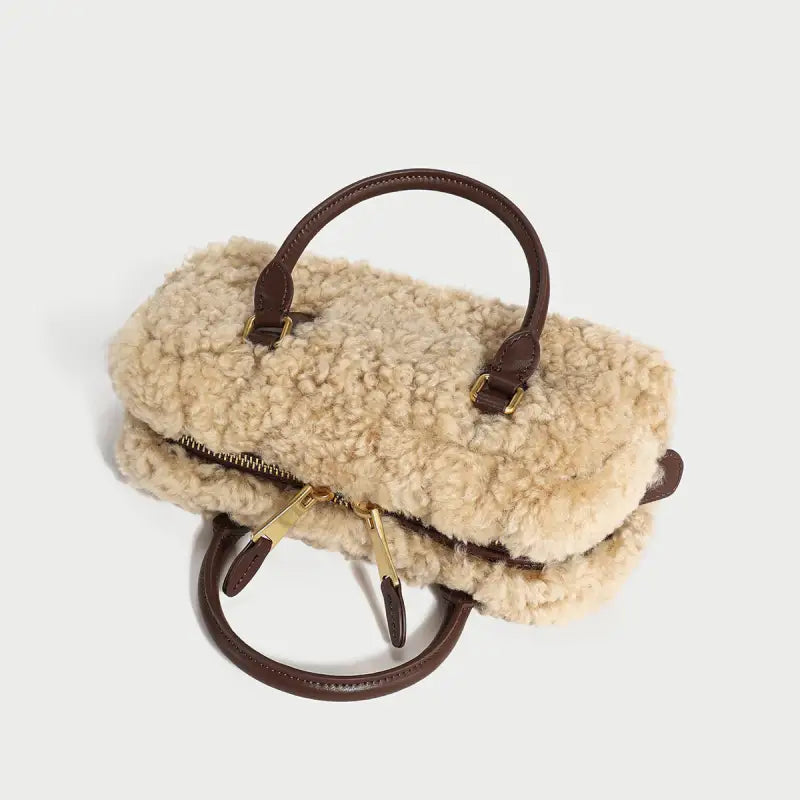 Beige Sherpa Fur Trimmed Elongated Top Handle Bag-3