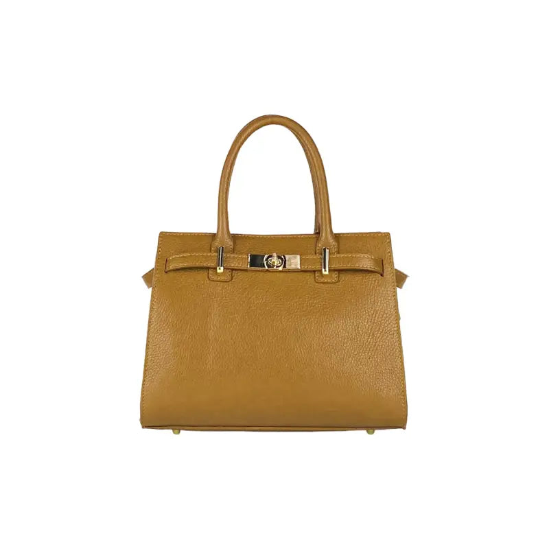 RB1016S | Borsa Donna a Mano in Vera Pelle Made in Italy con tracolla removibile. Attacchi con moschettoni in metallo Oro Lucido - Colore Cognac-2