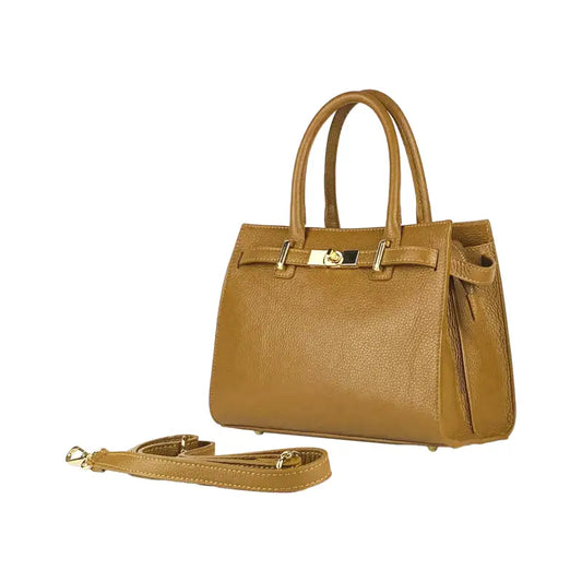 RB1016S | Borsa Donna a Mano in Vera Pelle Made in Italy con tracolla removibile. Attacchi con moschettoni in metallo Oro Lucido - Colore Cognac-0
