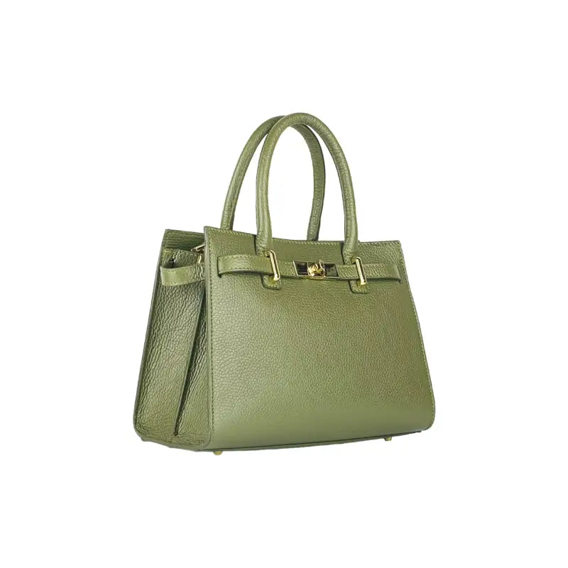 RB1016AG | Borsa Donna a Mano in Vera Pelle Made in Italy con tracolla removibile. Moschettoni in metallo Oro Lucido - Colore Verde Oliva-1
