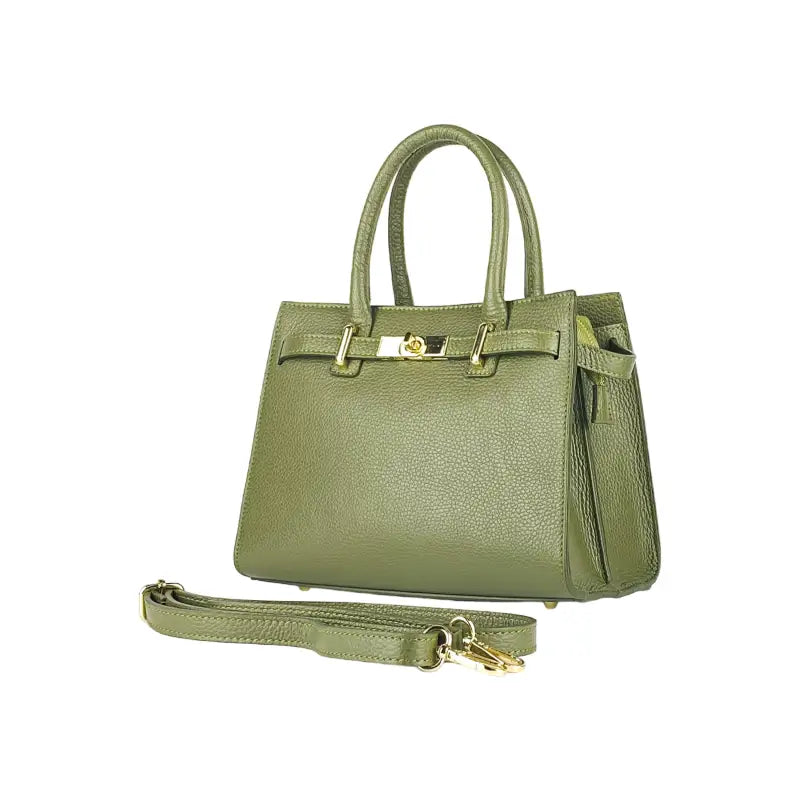 RB1016AG | Borsa Donna a Mano in Vera Pelle Made in Italy con tracolla removibile. Moschettoni in metallo Oro Lucido - Colore Verde Oliva-0