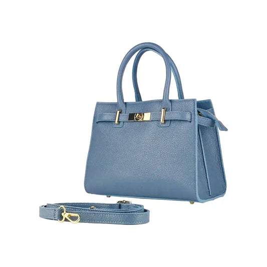 RB1016P | Borsa Donna a Mano in Vera Pelle Made in Italy con tracolla removibile. Attacchi con moschettoni in metallo Oro Lucido - Colore Avio-0