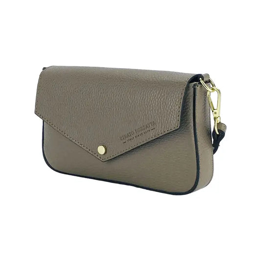 RB1023AQ | Borsa piccola a Spalla con Tracolla a catena removibile in Vera Pelle Made in Italy. Pattina di Chiusura. Accessori in metallo Oro Lucido - Colore Taupe -0