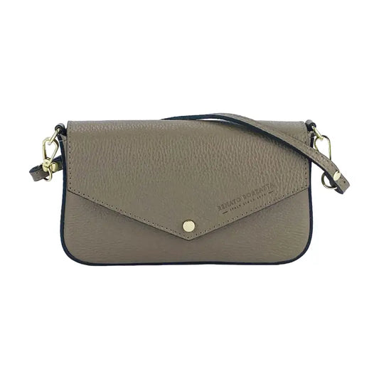 RB1023AQ | Borsa piccola a Spalla con Tracolla a catena removibile in Vera Pelle Made in Italy. Pattina di Chiusura. Accessori in metallo Oro Lucido - Colore Taupe -1