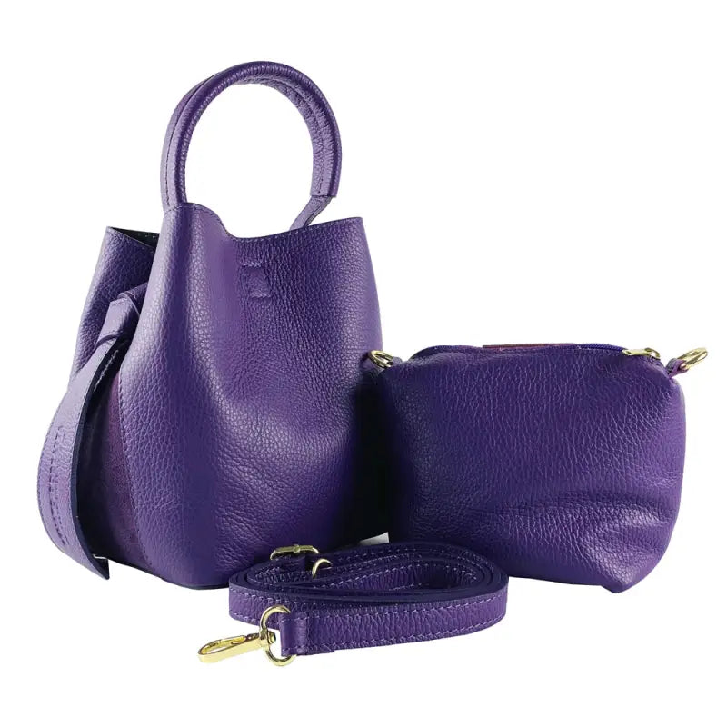 RB1006Y | Borsa Secchiello con Pochette in Vera Pelle Made in Italy.Tracollina con attacchi a moschettone in metallo Oro Lucido - Colore Viola-3