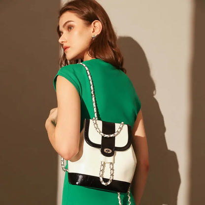 Color Block Backpack with Chain Leather Straps-3