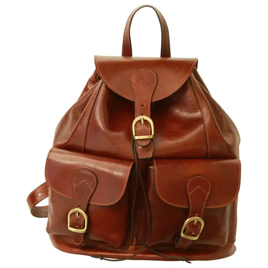 Leather backpack with 2 exterior pockets - Brown-0
