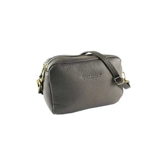 RB1008AQ | Tracollina Donna Doppia Lampo in Vera Pelle Made in Italy. Tracolla removibile. Attacchi con moschettoni in metallo Oro Lucido - Colore Taupe - Dimensioni: cm 20 x 15 x 9-0