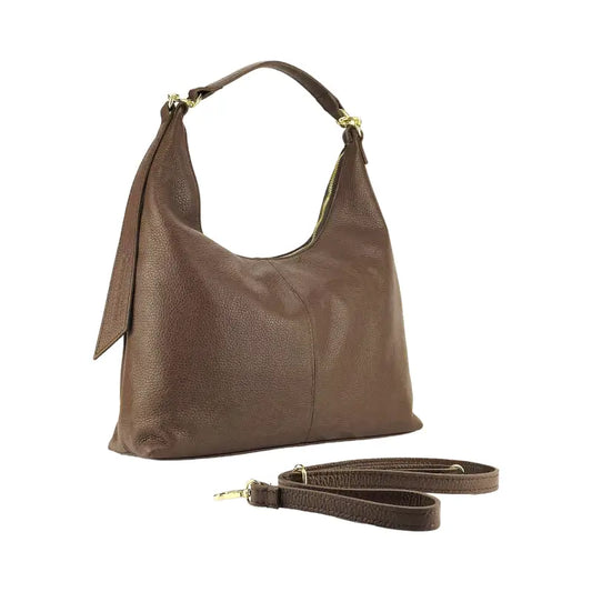 RB1017BV | Borsa Donna a spalla Morbida in Vera Pelle Made in Italy con manico singolo e tracolla removibile. Attacchi con moschettoni in metallo Oro Lucido - Colore Cioccolato-0