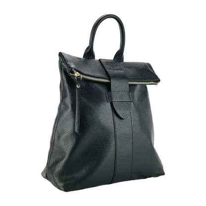 RB1021A | Zaino Donna Morbido in Vera Pelle Made in Italy con Spallacci regolabili. Chiusura lampo e Accessori in metallo Oro Lucido - Colore Nero - Dimensioni: cm 30 x 34 x 10,5-0