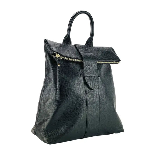 RB1021A | Zaino Donna Morbido in Vera Pelle Made in Italy con Spallacci regolabili. Chiusura lampo e Accessori in metallo Oro Lucido - Colore Nero - Dimensioni: cm 30 x 34 x 10,5-0