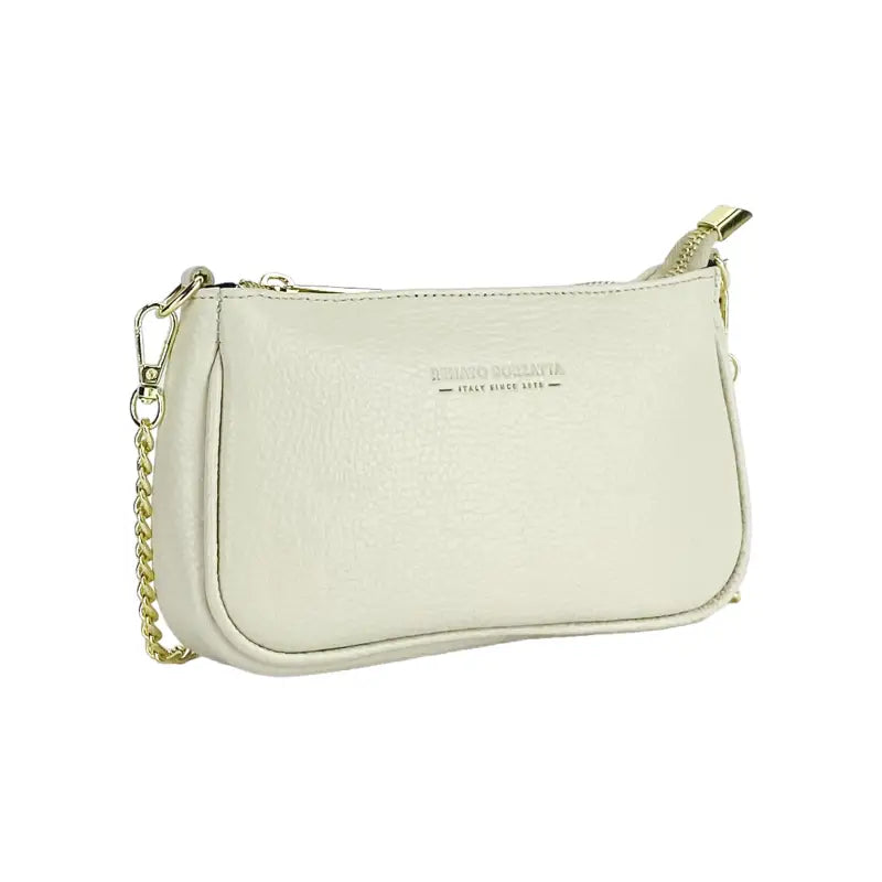 RB1022AB | Borsa Piccola in Vera Pelle Made in Italy con Tracolla a catena removibile. Chiusura con lampo e Accessori in metallo Oro Lucido - Colore Avorio - Dimensioni: cm 20 x 12 x 6-3