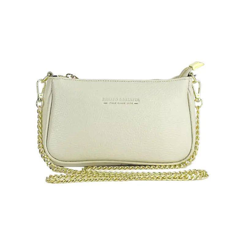 RB1022AB | Borsa Piccola in Vera Pelle Made in Italy con Tracolla a catena removibile. Chiusura con lampo e Accessori in metallo Oro Lucido - Colore Avorio - Dimensioni: cm 20 x 12 x 6-2