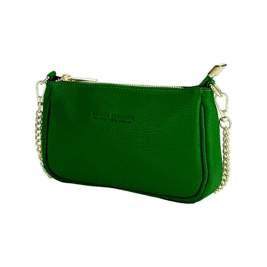 RB1022E | Borsa Piccola in Vera Pelle Made in Italy con Tracolla a catena removibile. Chiusura con lampo e Accessori in metallo Oro Lucido - Colore Verde-0