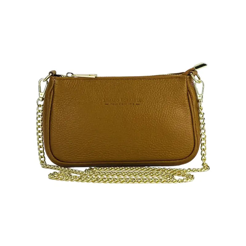 RB1022S | Borsa Piccola in Vera Pelle Made in Italy con Tracolla a catena removibile. Chiusura con lampo e Accessori in metallo Oro Lucido - Colore Cognac - Dimensioni: cm 20 x 12 x 6-1