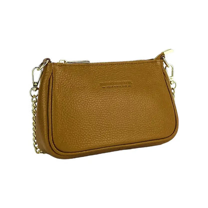 RB1022S | Borsa Piccola in Vera Pelle Made in Italy con Tracolla a catena removibile. Chiusura con lampo e Accessori in metallo Oro Lucido - Colore Cognac - Dimensioni: cm 20 x 12 x 6-2