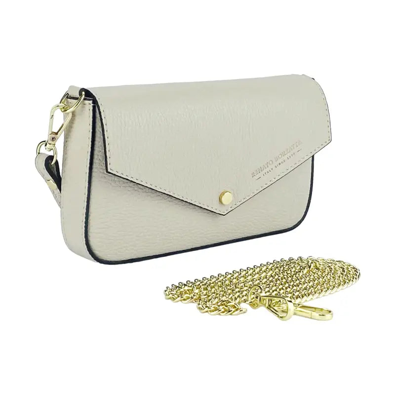 RB1023AB | Borsa piccola a Spalla con Tracolla a catena removibile in Vera Pelle Made in Italy. Pattina di Chiusura. Accessori in metallo Oro Lucido - Colore Avorio - Dimensioni: cm 22 x 12 x 3-2