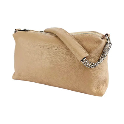 RB1025AU  | Borsa Donna a Mano con doppia lampo in Vera Pelle Made in Italy. Tracolla in pelle regolabile. Accessori Nickel Lucido - Colore Cipria - Dimensioni: cm 26 x 14 x 9-2