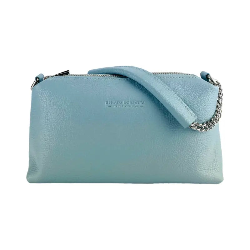 RB1025CL  | Borsa Donna a Mano con doppia lampo in Vera Pelle Made in Italy. Tracolla in pelle regolabile. Accessori Nickel Lucido - Colore Celeste - Dimensioni: cm 26 x 14 x 9-3