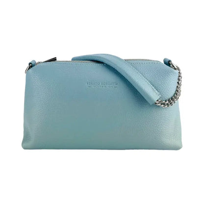 RB1025CL  | Borsa Donna a Mano con doppia lampo in Vera Pelle Made in Italy. Tracolla in pelle regolabile. Accessori Nickel Lucido - Colore Celeste - Dimensioni: cm 26 x 14 x 9-3